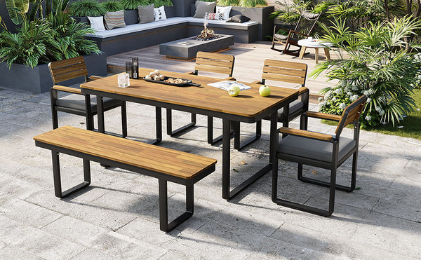 English Elm 6-piece Outdoor Acacia Wood Patio Dining Set with Cushioned Chairs Bench Steel Frame Gray N704G201255E