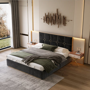English Elm Luxurious King Velvet Platform Bed with Tufted Headboard Integrated Nightstands Led Lamps W1793S00038