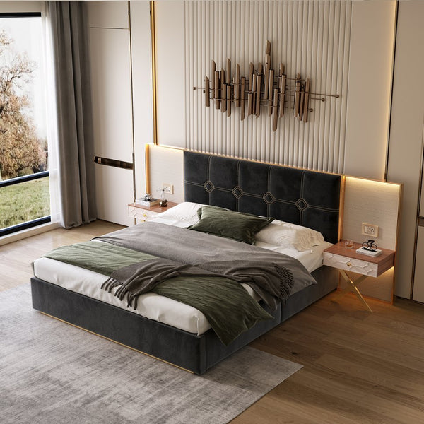 English Elm Luxurious King Velvet Platform Bed with Tufted Headboard Integrated Nightstands Led Lamps W1793S00038