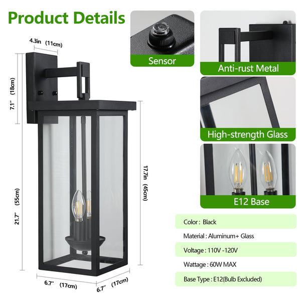 English Elm 1-Pack 22.0" Outdoor Wall Lantern with Dusk-to-Dawn Sensor, Matte Black Aluminum, Clear Glass, Weatherproof Lighting W2312P374778