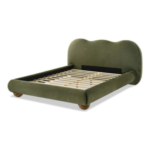 English Elm Brown Boucle Eastern King Bed Camel Back Headboard Round Bun Feet Upholstered Frame Olive Green B2741S00831