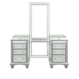 English Elm Glam Elegant Vanity Set with LED Mirror, Plush Stool, Ample Storage, Felt-Lined Drawers, Chic Finish Gray 24 L x 40 W x 36 H B2741S00671
