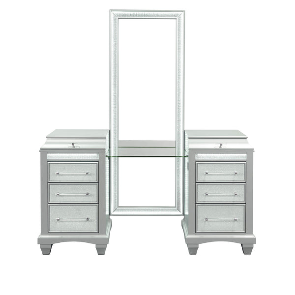 English Elm Glam Elegant Vanity Set with LED Mirror, Plush Stool, Ample Storage, Felt-Lined Drawers, Chic Finish Gray 24 L x 40 W x 36 H B2741S00671