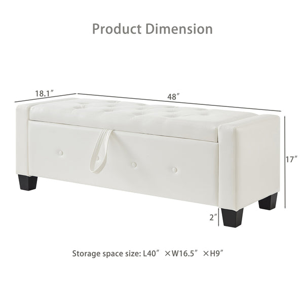 English Elm 48" Storage Ottoman Bench with Tufted Faux Leather Upholstery, Solid Wood Frame & 300lb Capacity Ivory White W1097P338779