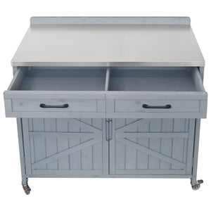 English Elm K&k Outdoor Prep Station Stainless Steel Top Fir Wood Cabinet with Drawer and Wheels Grey+Blue N707P370273G