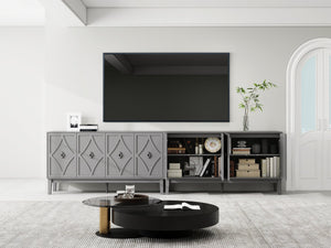 English Elm 4 Door Sideboard Buffet with Hand Carved Geometric Panels Black Oak Finish Raised Legs W688P359831