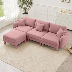 English Elm Boucle Fabric L-Shaped Sectional Sofa With Shell Armrests & Removable Ottoman In Soft Pink Elegance W3041S00293
