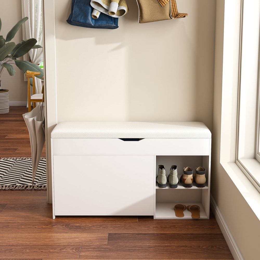 English Elm Entryway Bench with Lift-Top Storage, Rotating 3-Tier Shoe Rack, Cushioned Seat, Durable 400lb Capacity W2699P296514