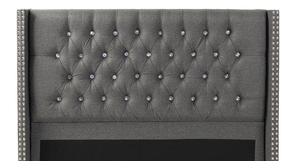 English Elm Contemporary Diamond Tufted Full Platform Bed Nailhead Trim Blue Gray Upholstered Frame B011S02054