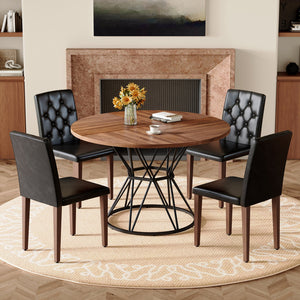 English Elm Table and Chair Set Round Walnut Mdf Top with Four Pu Leather Buckle Dining Seats W1151S04851