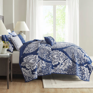 English Elm 6 Madison Park Vienna Reversible Cotton Quilt Set with Damask Print, Flange Edge & Embroidered Pillows Indigo 17.72 L x 15.75 W x 13.5 H B03597521