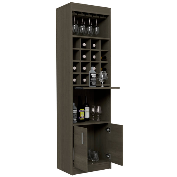 English Elm Kava Smokey Oak Bar Cabinet with Retractable Serving Tray, 16 Bottle Cubbies & 12 Glass Rack B070S00107