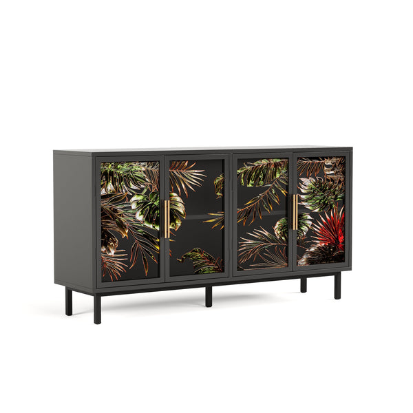 English Elm 60.3" Black Buffet Cabinet with Tropical Glazed Glass Doors, 4-Door Storage Console for Living Room W2263P367671