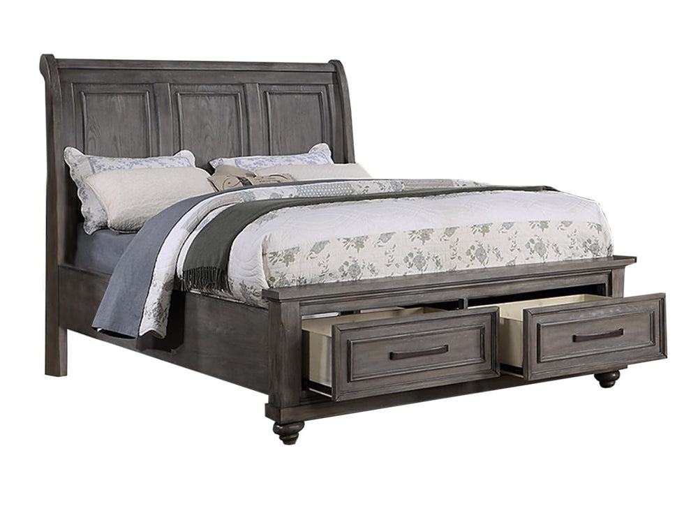 English Elm California King Sleigh Bed with Underbed Storage Drawers Vintage Gray 3-Panel Headboard 98"x81" B011S01400