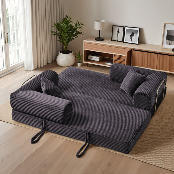 English Elm Compression Foldable Floor Sofa Bed Corduroy Futon with Foam Support for Small Spaces Dark Gray W3716P379184