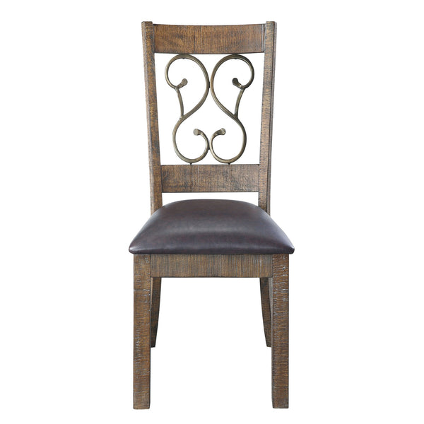 English Elm Weathered Cherry Open Scroll Side Chairs Set of 2 with Black PU Cushions — Stylish, Comfortable Design B062P186536