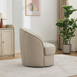 English Elm Gream Cream Top-Grain Leather Swivel Chair — 360° Smooth Spin, Riveted Mid-Century Lounge for Home Office W570P386956