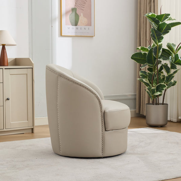 English Elm Gream Cream Top-Grain Leather Swivel Chair — 360° Smooth Spin, Riveted Mid-Century Lounge for Home Office W570P386956