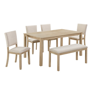 English Elm 6 Piece Rubberwood Dining Set with Bench and Linen Chairs for Transitional Kitchen W1998S00085