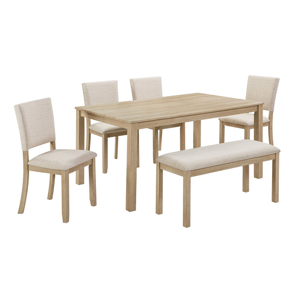 English Elm 6 Piece Rubberwood Dining Set with Bench and Linen Chairs for Transitional Kitchen W1998S00085