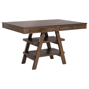 English Elm Ferrara Walnut Counter Height Table with 2 Drawers, Angled Legs, Shelves for Storage & Display (59.5"L) B062S01014