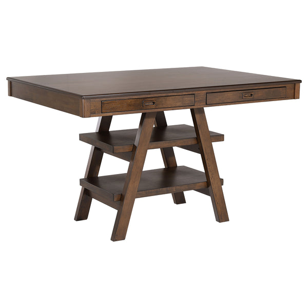 English Elm Ferrara Walnut Counter Height Table with 2 Drawers, Angled Legs, Shelves for Storage & Display (59.5"L) B062S01014
