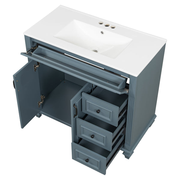 English Elm 36" Modern Bathroom Vanity with Ceramic Sink, Gold Handles, Flip-Out Drawer & Soft-Close Doors Blue Gray N725P283623C
