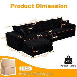 English Elm 102.4" Plush Corduroy 4-Seat Sofa - Modern Cloud Couch With Movable Ottoman & Deep Comfort For Any Space W1885S00134