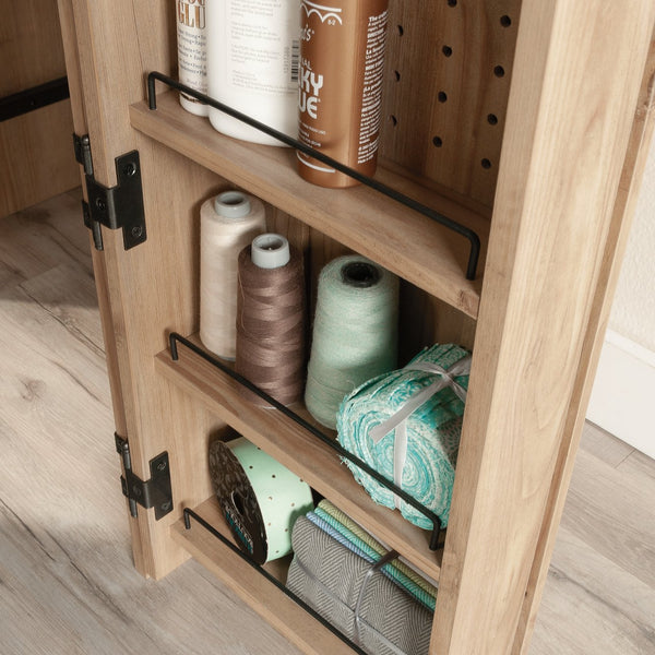 English Elm Craft Station with Drop-Leaf Extension, Brown Khaki Pine Finish — Compact Crafting Workstation w/ Storage B356P402737