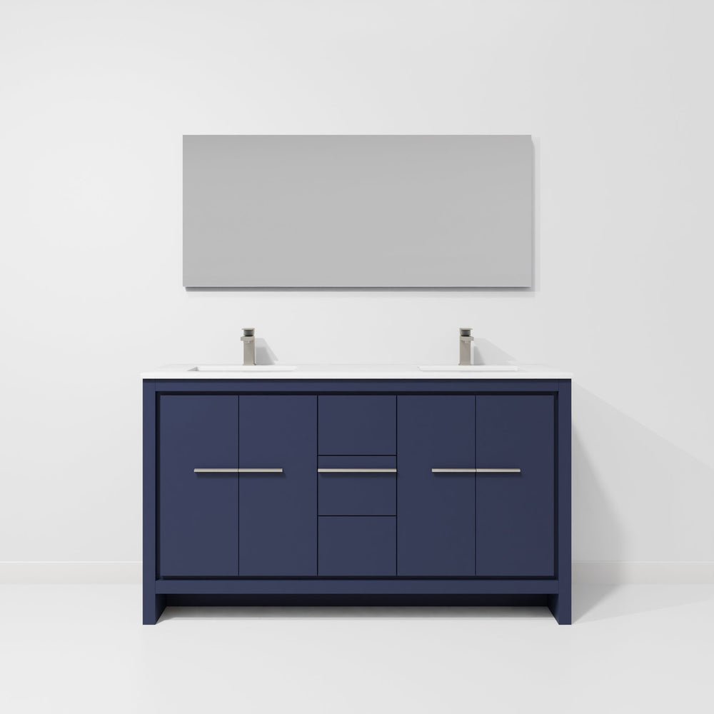 English Elm Navy Blue Double Bath Vanity 60" W, White Quartz Top, Gun Metal Faucet & 55" Mirror For Luxury Bathrooms B2731S01723