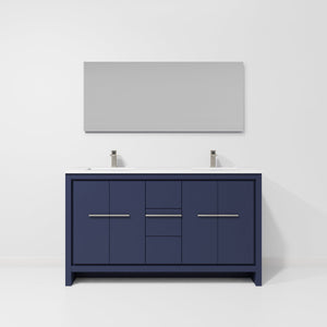 English Elm Navy Blue Double Bath Vanity 60" W, White Quartz Top, Gun Metal Faucet & 55" Mirror For Luxury Bathrooms B2731S01723