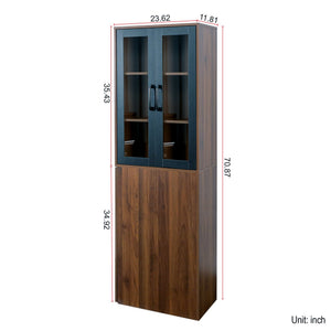 English Elm 70.87" Modern Display Storage Cabinet with 4-Tier Pull-Out Shelves, Dual Glass Doors for Home Walnut W331P295246