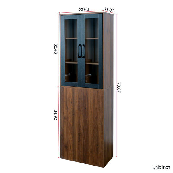 English Elm 70.87" Modern Display Storage Cabinet with 4-Tier Pull-Out Shelves, Dual Glass Doors for Home Walnut W331P295246