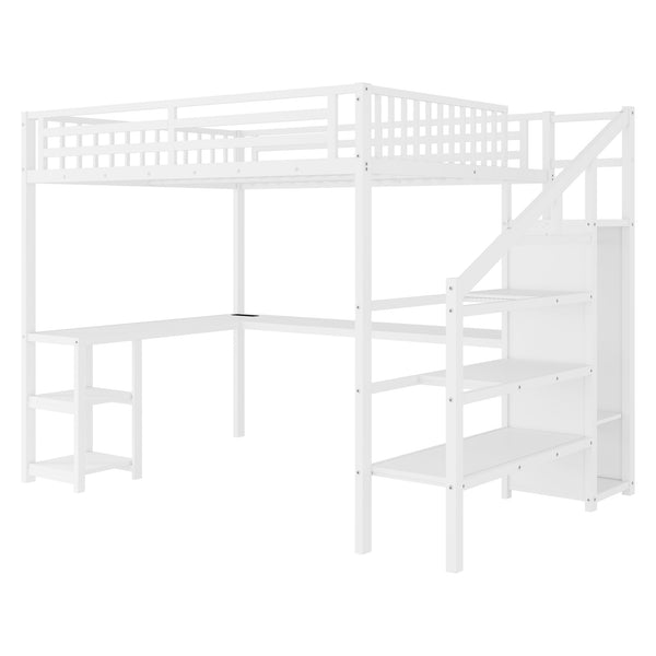 English Elm Metal Queen Loft Bed with Wardrobe, LED Light, L-Shaped Desk and USB Ports for Space-Saving Rooms White 65.75 L x 17.52 W x 6.3 H W2593S00039
