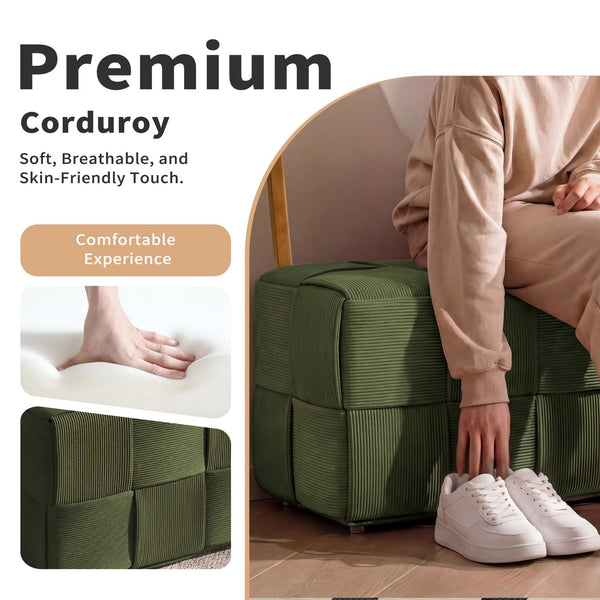 English Elm Ottoman Square Corduroy Upholstered Footrest with Ribbed Texture for Living Room Seating Green W3851P453270