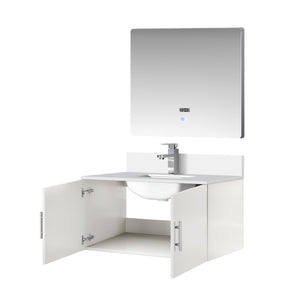 English Elm Glossy White Bath Vanity Set With Cultured Marble Top, Chrome Faucet & Led Mirror – Stylish & Durable B2731S01317