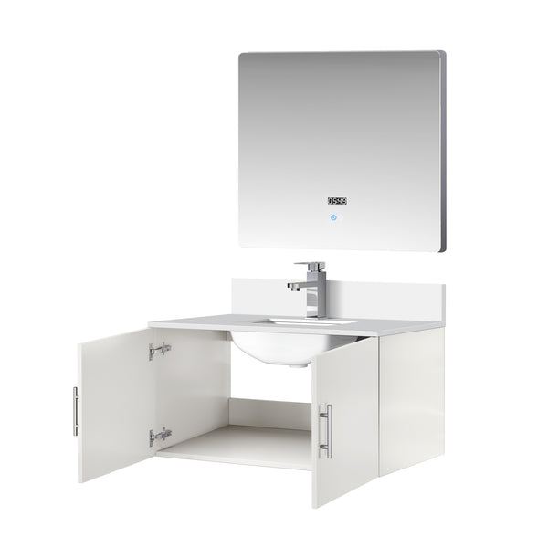 English Elm Glossy White Bath Vanity Set With Cultured Marble Top, Chrome Faucet & Led Mirror – Stylish & Durable B2731S01317