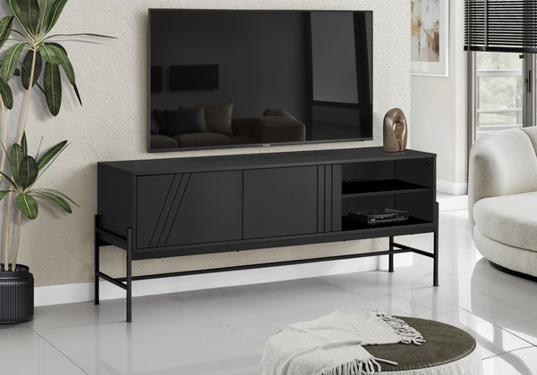 English Elm Tv Stand, 60-Inch Modern Console With Storage Cabinet, Sleek Black Laminate & Metal For Living Spaces B2710P219104-GIGA