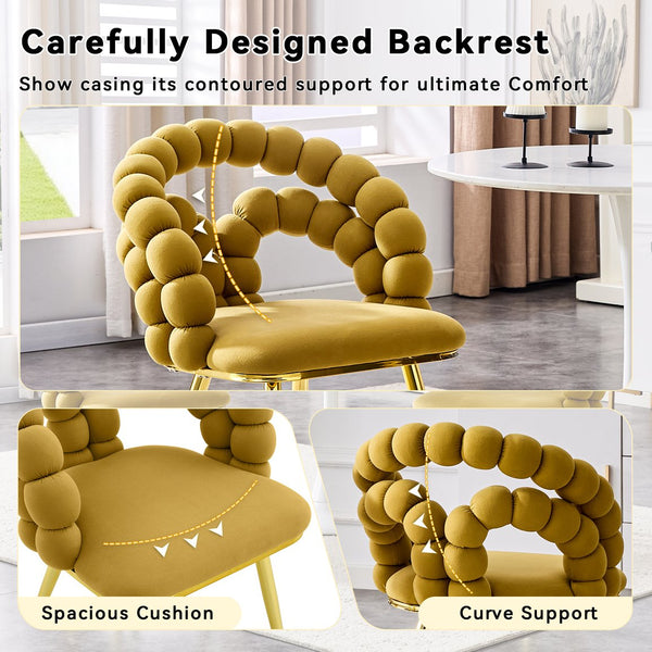 English Elm Set of 2 Velvet Bubble Backrest Dining Chairs with Sculptural Form and Glam Metal Legs Gold,Yellow W3875P370844