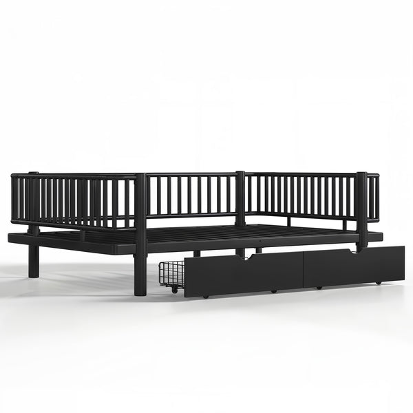 English Elm Full Size Metal Platform Storage Bed Low Profile Steel Frame with Built-in Drawers Black W5305P471350