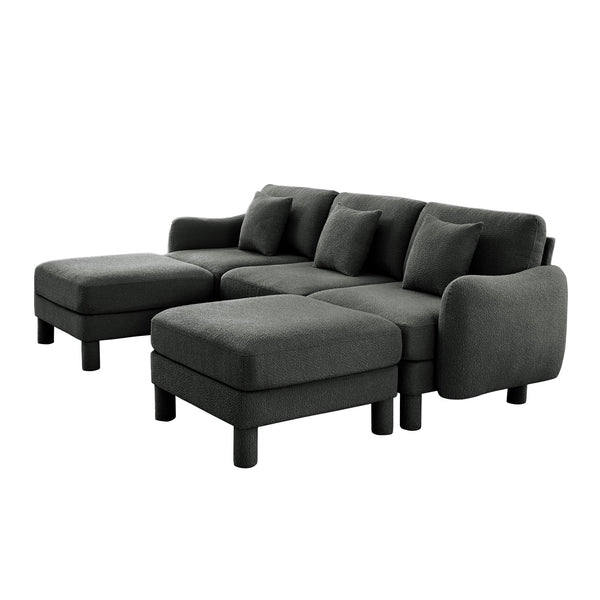 English Elm Boucle U-Shape Sectional Sofa With Shell Armrests & Movable Ottomans - Elegant Dark Grey Comfort W3041S00302