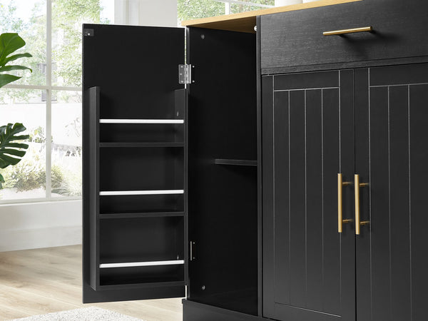 English Elm 53 Kitchen Island 53.2" x 20.9" Black & Oak Breakfast Bar with Trash Can Storage, Drawer, Shelves W1820S00008