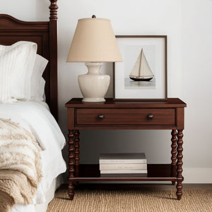 English Elm Large Cottage Nightstand with Spindle Legs Open Shelf and Drawer for King Beds Morocco Brown B035P408398