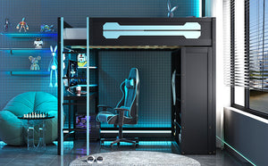 English Elm Full Size Gaming Loft Bed with Rgb Lighting Integrated Desk and Open Wardrobe Blue N820S00073C