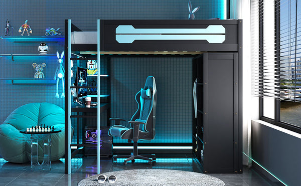 English Elm Full Size Gaming Loft Bed with Rgb Lighting Integrated Desk and Open Wardrobe Blue N820S00073C