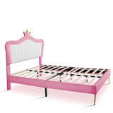 English Elm Full Size Upholstered Bed Frame With Led Lights,Modern Upholstered Princess Bed With Crown Headboard,White+Pink