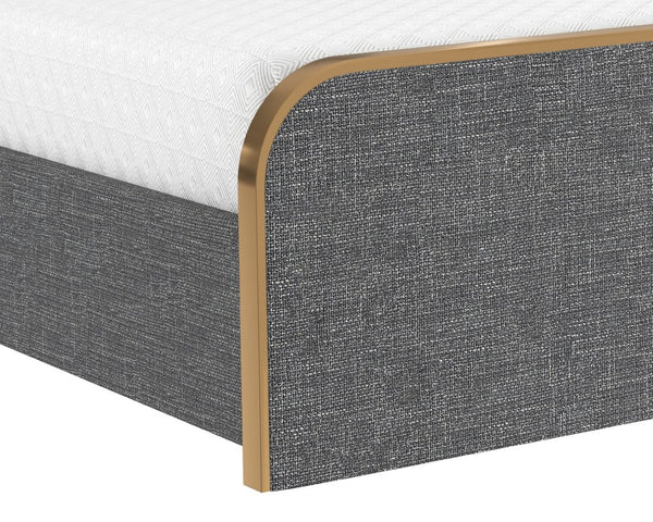 Sunpan TOMETI Full Bed - Chacha Grey Upholstered Frame with Curved Headboard & Brushed Gold Trim Accents 109578