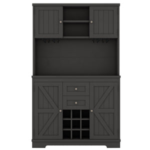 English Elm Coffee Bar Cabinet Dark Blue Farmhouse Buffet with Wine Cubbies, Stemware Rack, Drawers, Shelves & Prep Space Black W1580S00088
