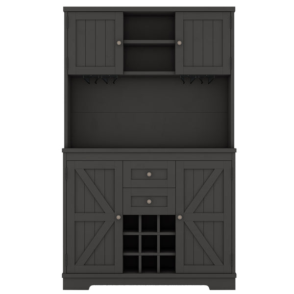 English Elm Coffee Bar Cabinet Dark Blue Farmhouse Buffet with Wine Cubbies, Stemware Rack, Drawers, Shelves & Prep Space Black W1580S00088