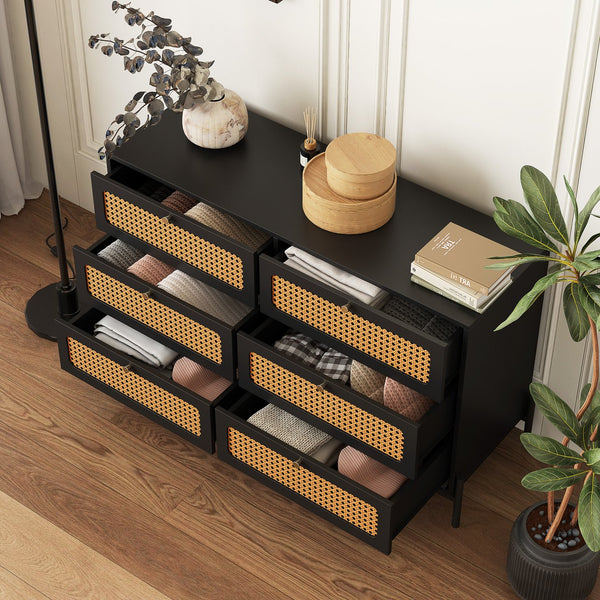 English Elm Rattan 6-Drawer Dresser with Rattan Doors & Gold Handles, Water-Resistant MDF, Spacious Storage W1321132577